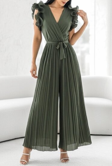 Elegante kaki groene plisse jumpsuit