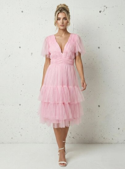 Magnifique lange gelaagde fijne chiffon jurk in rose kleur