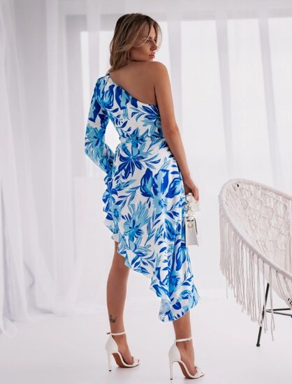 Asymettrische blauw-witte one shoulder midi jurk