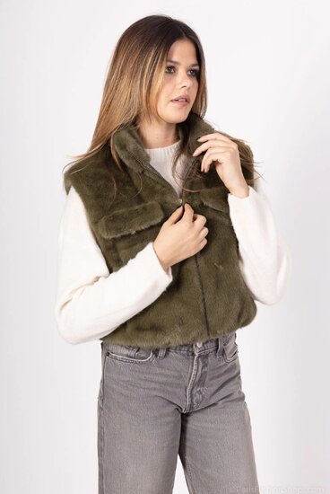 Kaki groene bodywarmer in teddy fleece