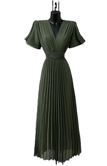 Stijlvolle kaki groene maxi plisse jurk 