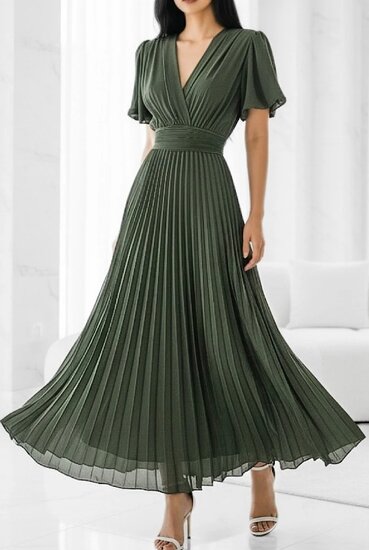 Stijlvolle kaki groene maxi plisse jurk 