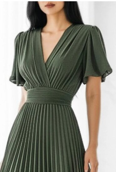 Stijlvolle kaki groene maxi plisse jurk 