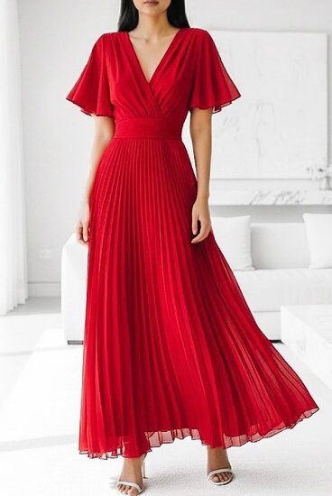 Stijlvolle rode maxi plisse jurk 