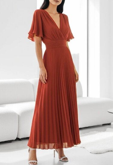 Stijlvolle terracotta maxi plisse jurk 