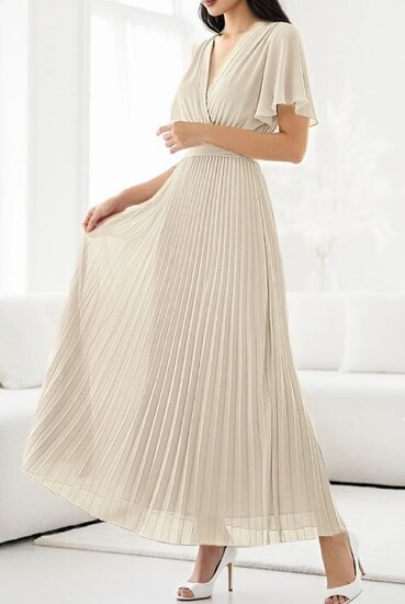 Stijlvolle beige maxi plisse jurk 
