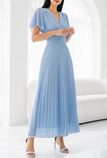 Stijlvolle licht blauwe maxi plisse jurk 
