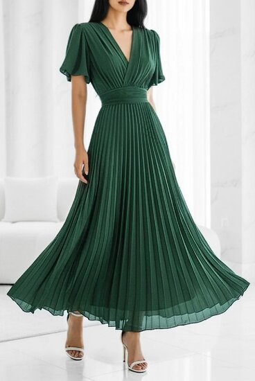 Stijlvolle donker groene maxi plisse jurk 