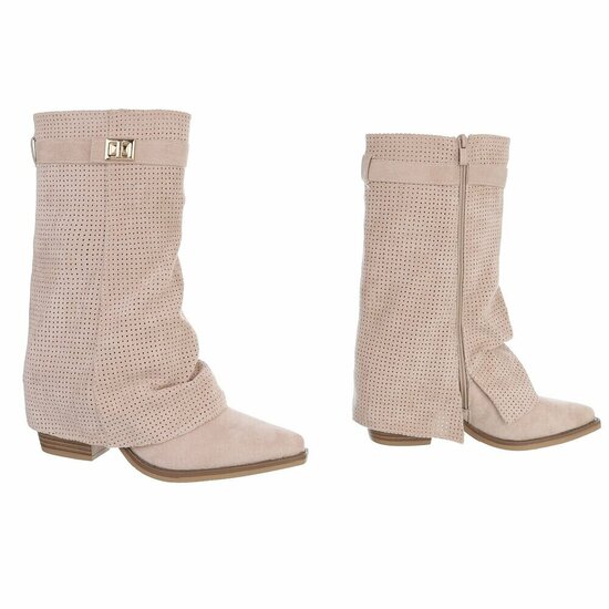 Beige suède laars met perforaties en goudkleurige gesp Milou