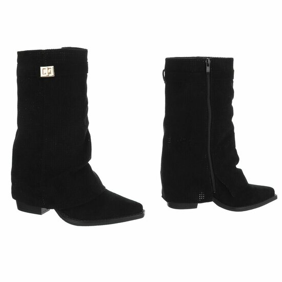 Zwarte suède laars met perforaties en goudkleurige gesp Milou