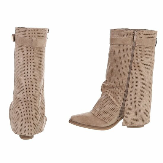 Kaki bruine suède laars met perforaties en goudkleurige gesp Milou