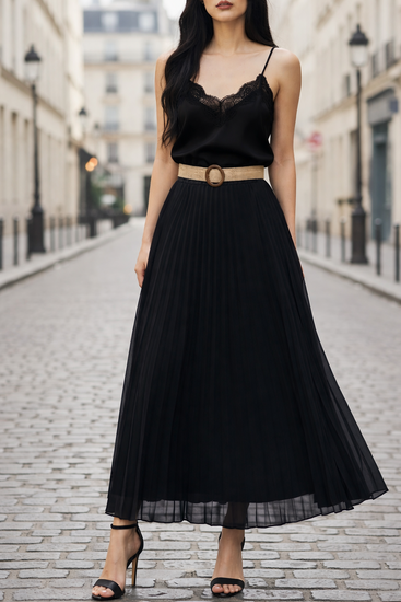 Donker blauwe geplooide midi rok met taille riem