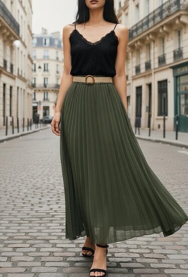 Kaki groene geplooide midi rok met taille riem