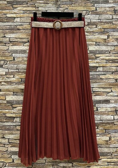 Terracotta geplooide midi rok met taille riem