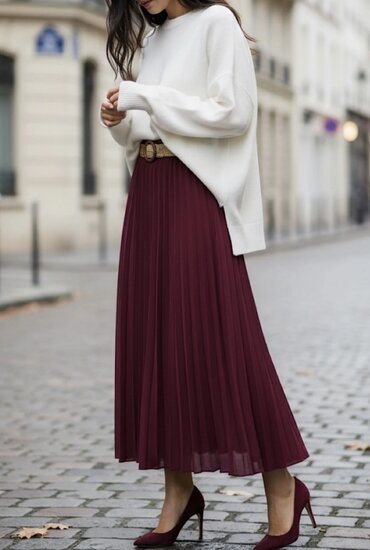 Bordeaux geplooide midi rok met taille riem