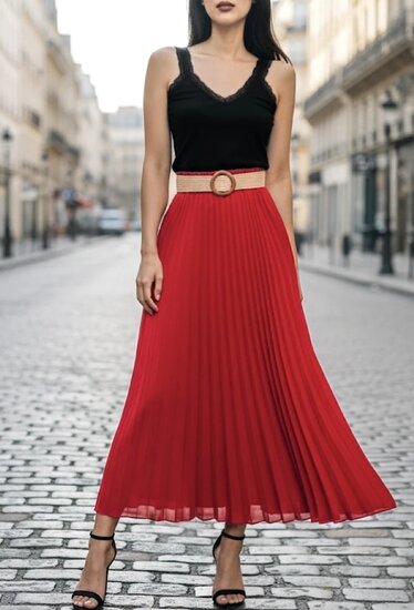 Rode geplooide midi rok met taille riem