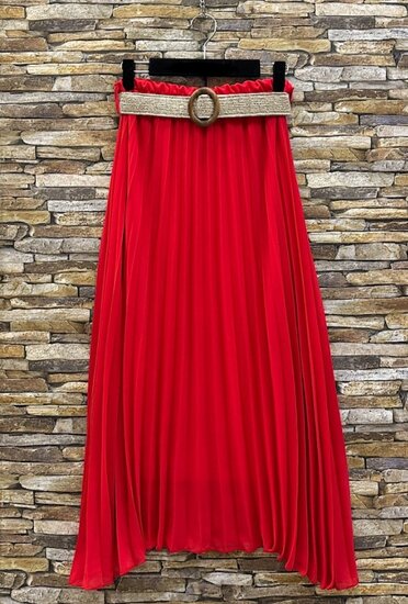 Rode geplooide midi rok met taille riem