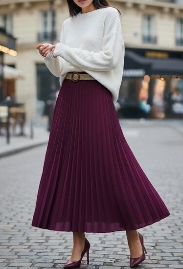 Purperen geplooide midi rok met taille riem