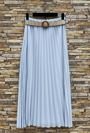 Licht blauwe geplooide midi rok met taille riem