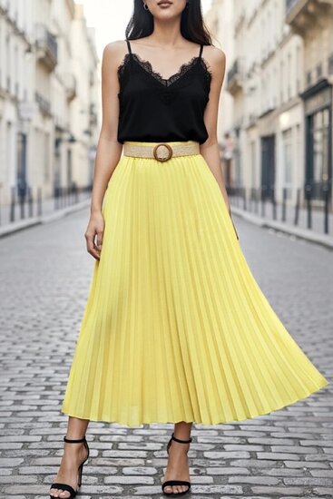 Licht gele geplooide midi rok met taille riem  TEMPORARY SOLD OUT