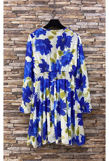 Mooie korte blauw-witte jurk met bloemen print