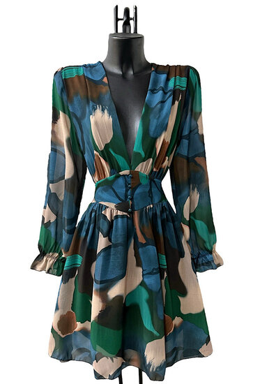 Mooie korte groen-blauw-beige jurk met print