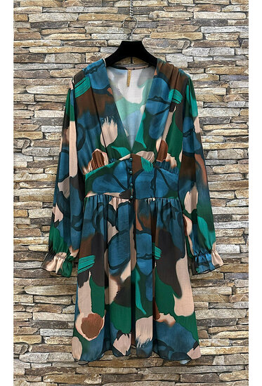 Mooie korte groen-blauw-beige jurk met print