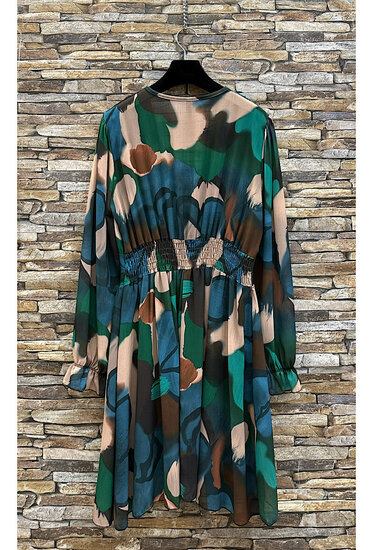 Mooie korte groen-blauw-beige jurk met print