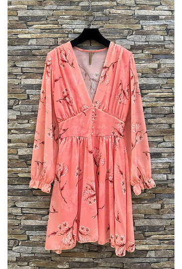 Mooie korte zalm rose jurk met print