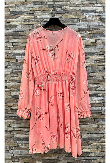 Mooie korte zalm rose jurk met print