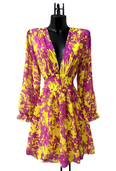 Mooie korte geel-mauve jurk met print