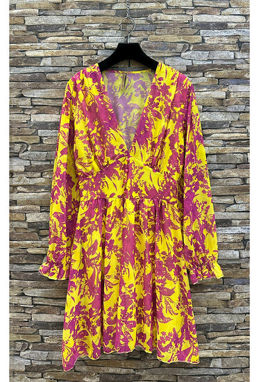 Mooie korte geel-mauve jurk met print
