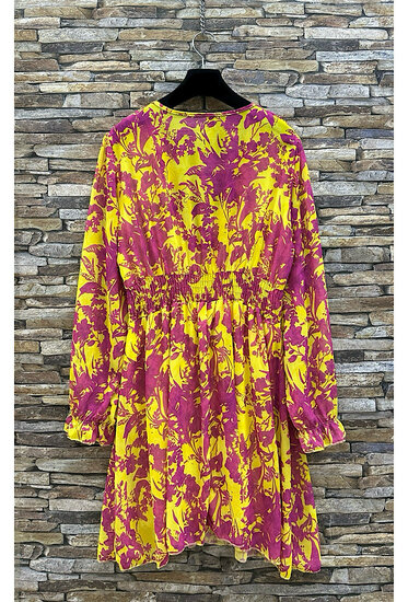 Mooie korte geel-mauve jurk met print