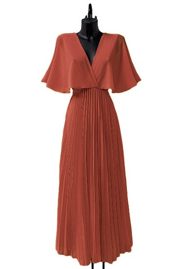 Elegante terracotta maxi plisse jurk 
