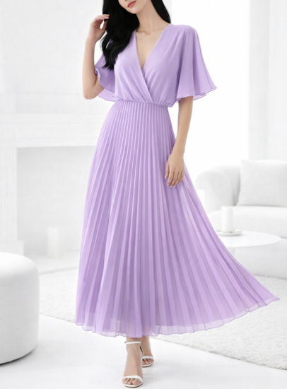 Elegante lila maxi plisse jurk 