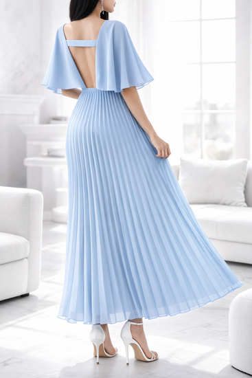 Elegante licht blauwe maxi plisse jurk 