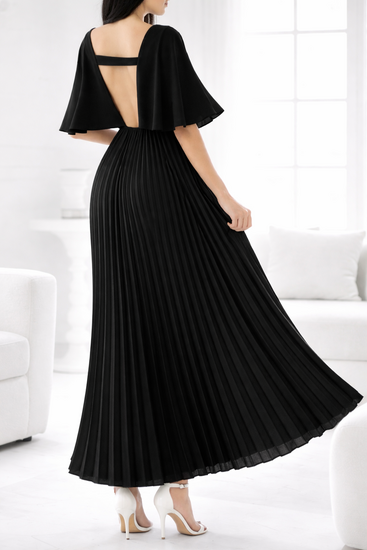 Elegante zwarte maxi plisse jurk 