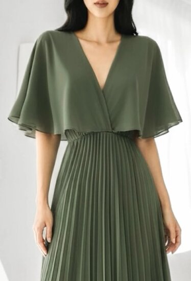 Elegante kaki groene maxi plisse jurk 