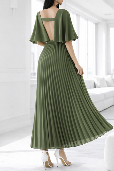 Elegante kaki groene maxi plisse jurk 