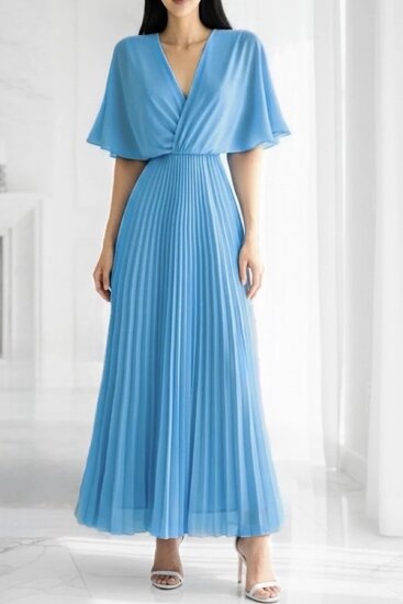 Elegante blauwe maxi plisse jurk 