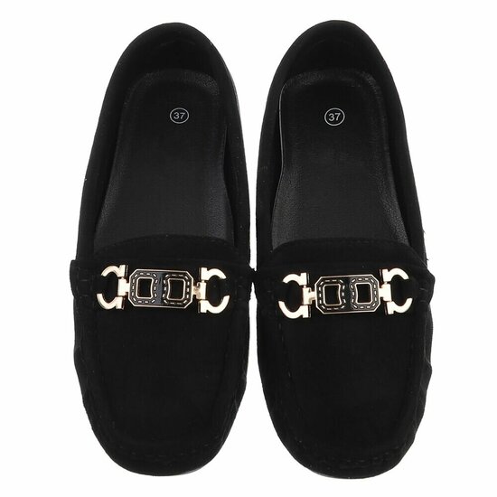 Zwarte suede mocassin Cora met gouden decoratie