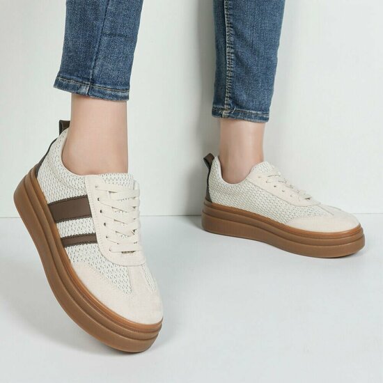 Beige platform sneakers Clauvie met bruine detail