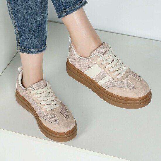 Kaki bruine platform sneakers Clauvie met beige detail