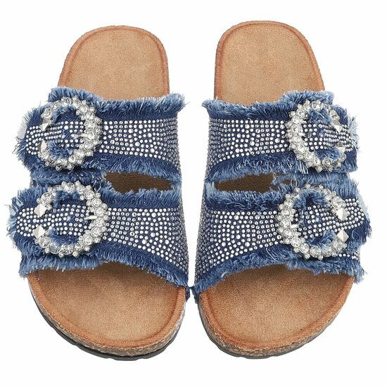 Blauwe denim slippers Claire met strass gespen