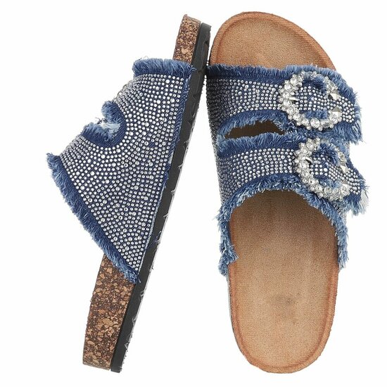 Blauwe denim slippers Claire met strass gespen