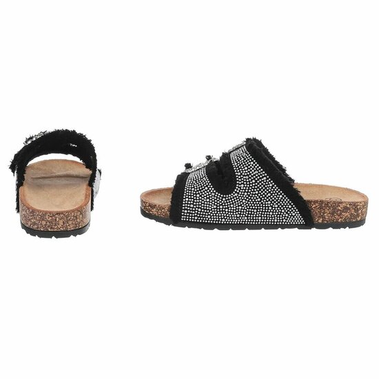 Zwarte denim slippers Claire met strass gespen