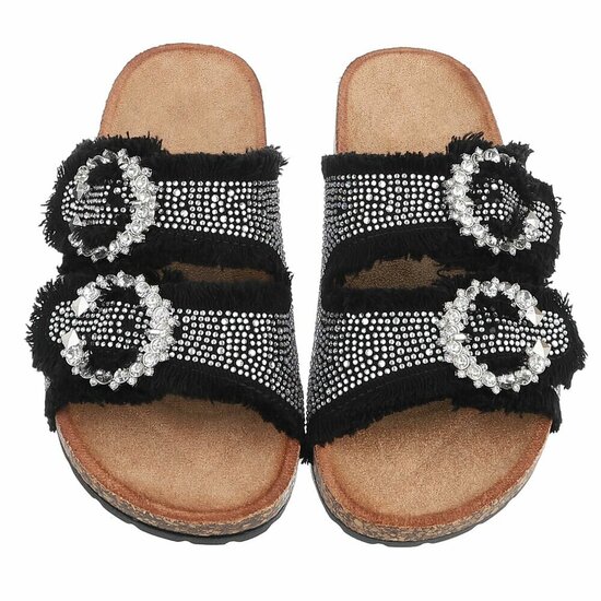 Zwarte denim slippers Claire met strass gespen