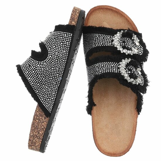Zwarte denim slippers Claire met strass gespen