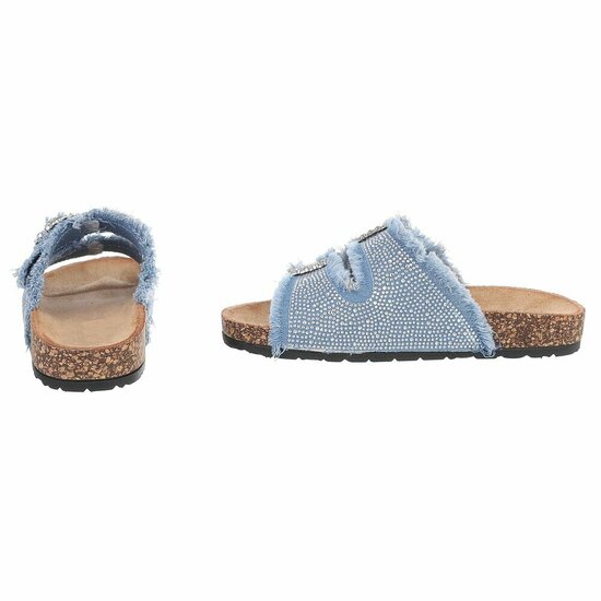 Licht blauwe denim slippers Claire met strass gespen
