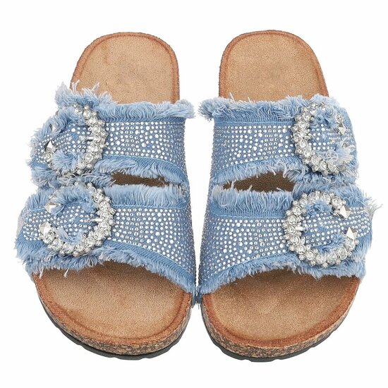Licht blauwe denim slippers Claire met strass gespen